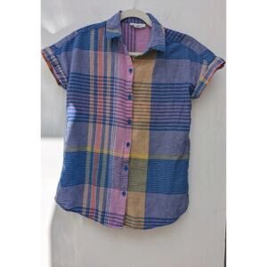 BEACH LUNCH LOUNGE Top Linen Cotton Plaid Button Front Short Sleeve Pink Size XS